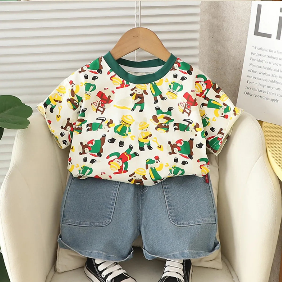 Boys' Cartoon Explorer Outfit β T-Shirt & Denim Shorts Set